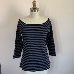 Navy and charcoal striped off shoulder knit top